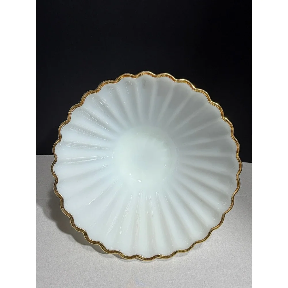 Vintage Fire-King Milk Glass Ribbed Bowl Scalloped Gold Trim Mid-Century Modern